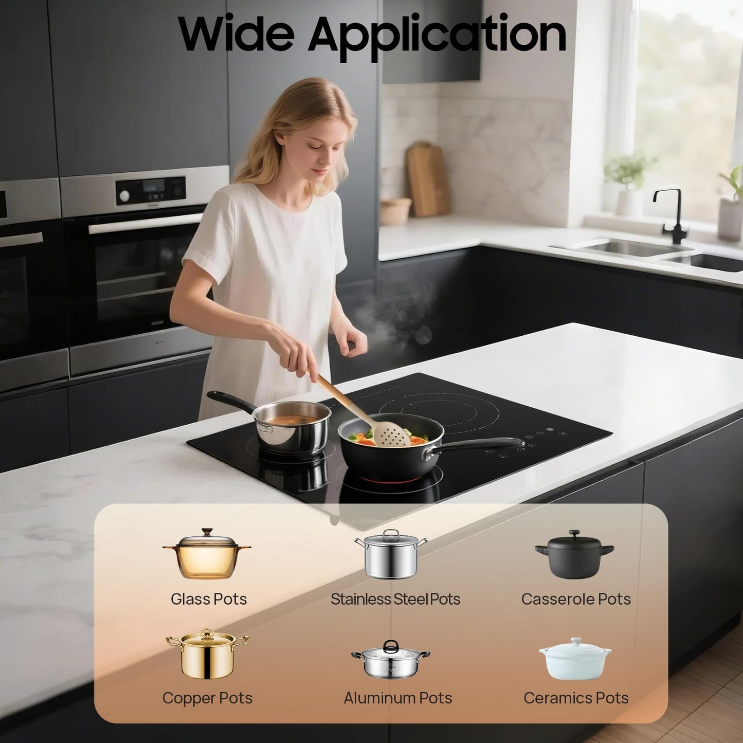 YUASDUU 2600W 110V Electric Cooktop 3 Burner, 23 Inch Portable Built-In Countertop Ceramic Stove Top Built-in Cooktop Sensor Touch Control with Safety Lock & Timer 9 Power Levels (NO PLUG)