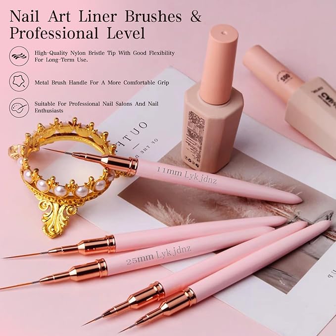 5pcs Nail Art Liner Brushes, Liner Brush For Nails Gel, Painting Art Design Brush Set Nail Dotting Drawing Tool For Long Lines, Thin Details, Fine Drawing Sizes 7/9/11/15/25 mm (Pink)