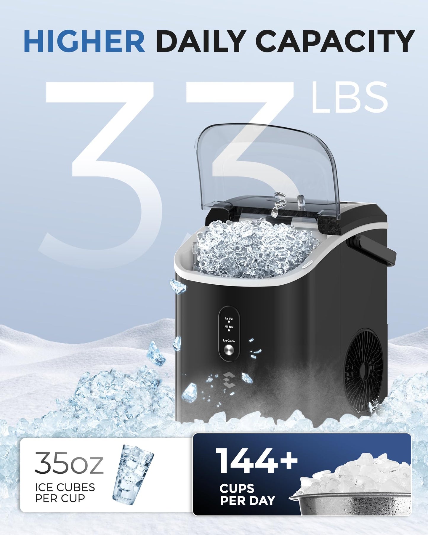 EASYERA Nugget Ice Maker Countertop, 33LBS/24H, Self-Cleaning Portable Pebble Ice Machine with Soft Chewable Pellets Sonic Ice, Buscket and Scoop, for Home/Kitchen/RV/Party/Camping/Office, Black