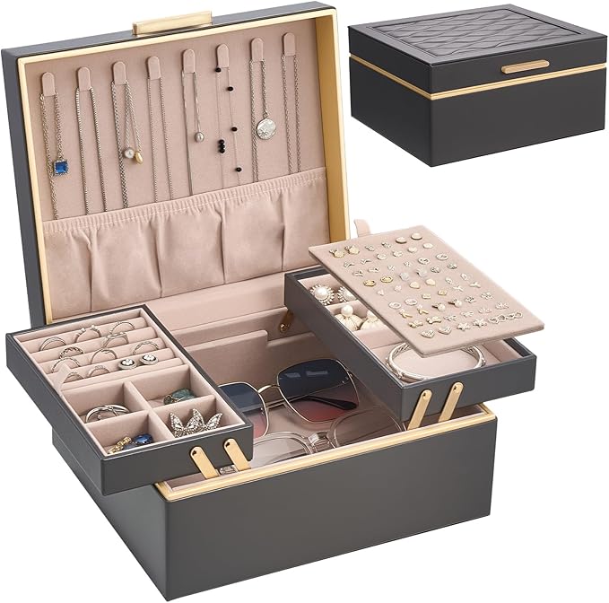Lolalet Jewelry Box Organizer for Women Girls, 2 Layer Jewelry Organizers and Storage for Necklace Earrings Rings Bracelets, Large Jewellery Holder Case Birthday Valentine Gifts -Charcoal gray