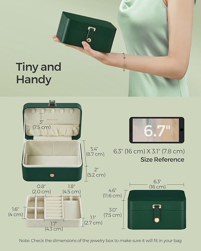 SONGMICS Jewelry Organizer Box, Travel Jewelry Case, 2-Layer Travel Case for Earrings, Necklaces, Bracelets - Portable Jewelry Storage with Large Capacity, Gift Idea, Forest Green UJBC166C01