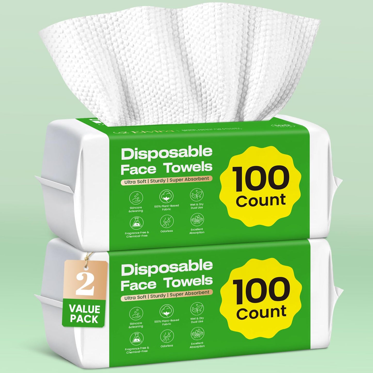 Elvira 200 Count (2 Pack) Disposable Face Towels, Biodegradable Skincare Facial Cleansing Towels, Ultra Soft & Thick Makeup Remover Dry Wipes, Lint-Free & Vegan for Sensitive Skin, Travel Essential