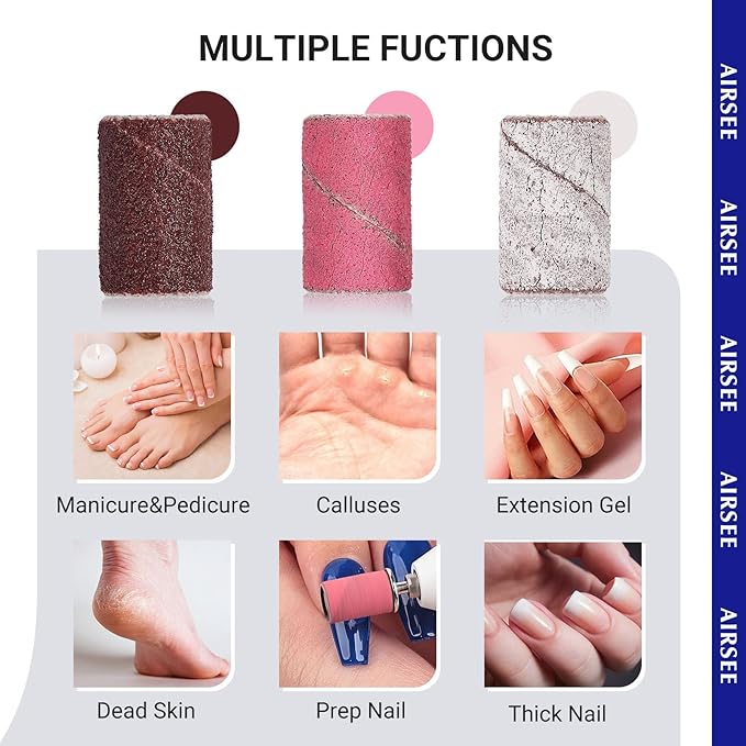 AIRSEE Sanding Bands for Electric Nail Drill 100 Piece Set 180 Grit Medium Acrylic File Attachments Professional 1 Sander Mandrel Bit Beauty Salon Accessories Manicure and Pedicure Finger Callus Pink