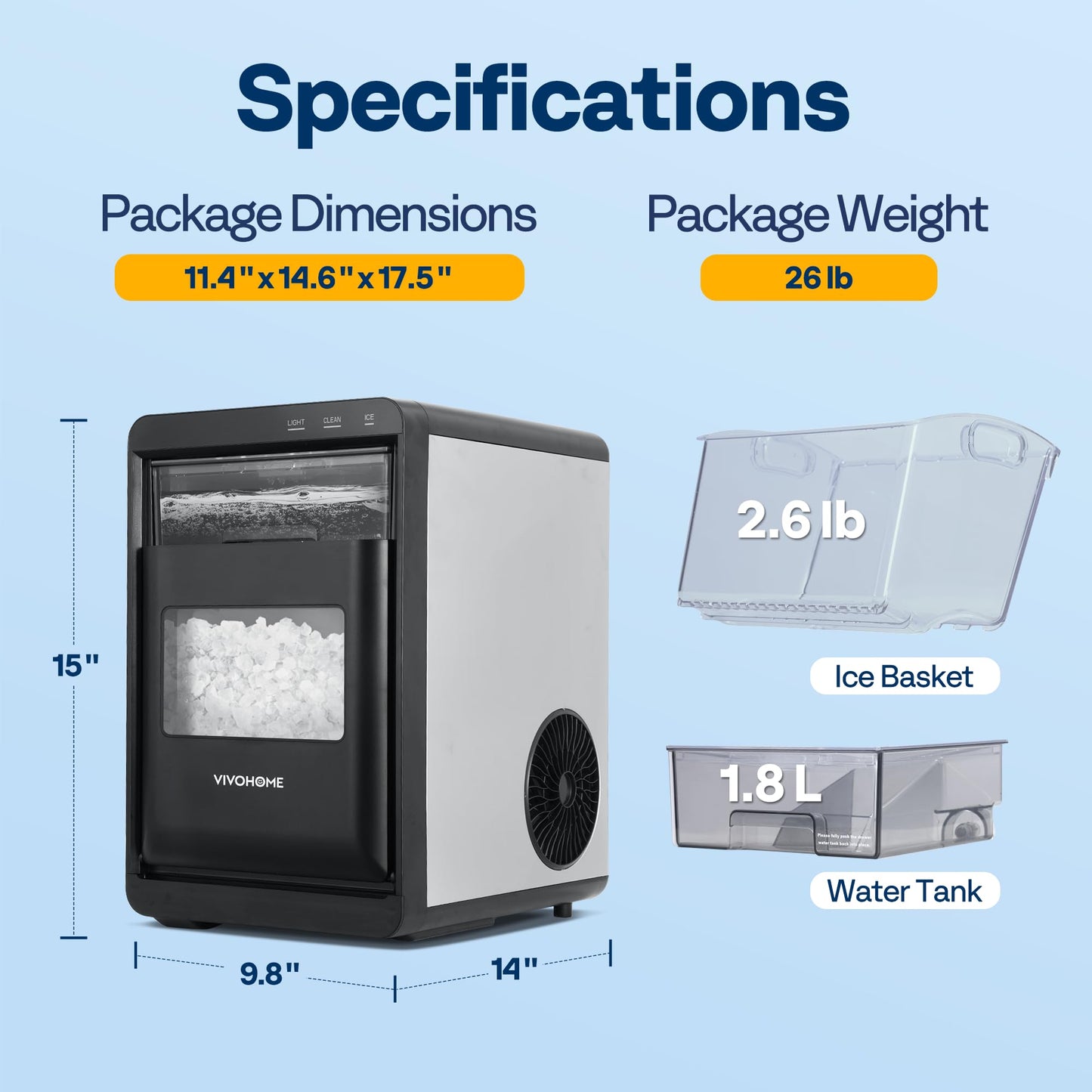 VIVOHOME Nugget Ice Maker Countertop, 45lbs/Day Pebble Ice Maker Machine, Soft Chewable Pellet Ice Machine with Self-Cleaning, Scoop, 10 Ice Bags, for Home Kitchen, RV, Camping, Office