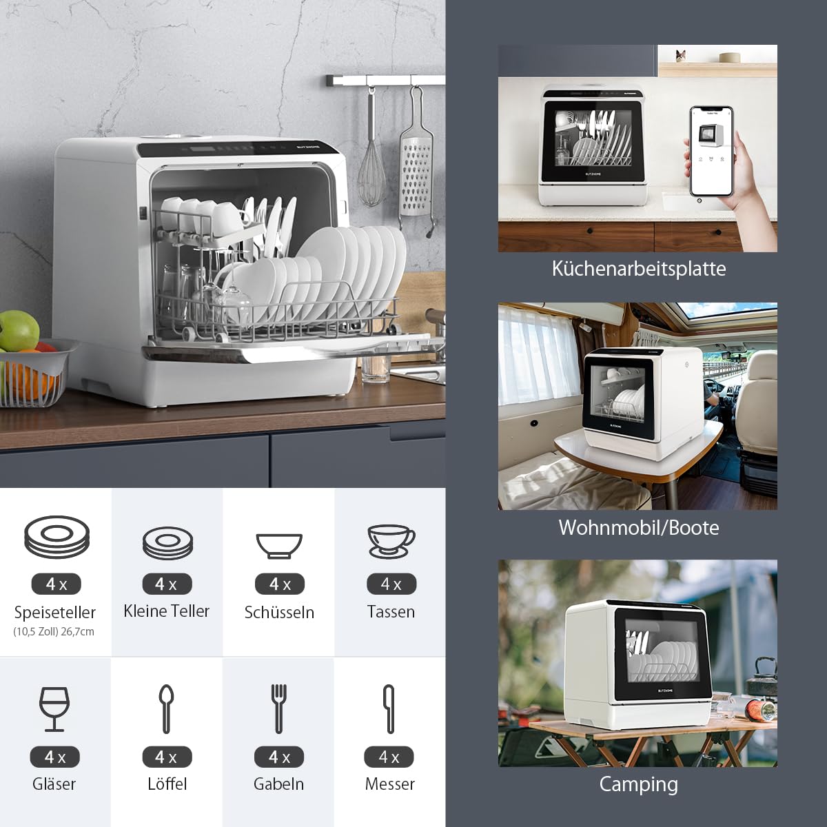 Portable Dishwasher Countertop, WIFI Smart Dishwasher, Compact Mini Dishwashers with 5L Built-in Water Tank, 6 Programs, 360° Dual Spray, High-Temp& Air-Dry Function, Fruit Cleaning