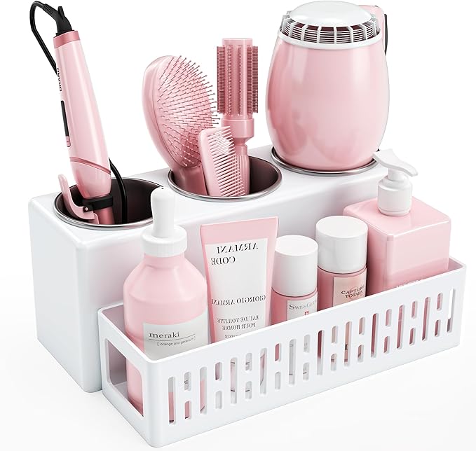 Hair Tool Organizer, Detachable Hair Dryer Holder with 3 Stainless Steel Cups, Wall Mounted Bathroom Organizers and Storage for Accessories, Curling Irons, Straighteners, Toiletries, Makeup