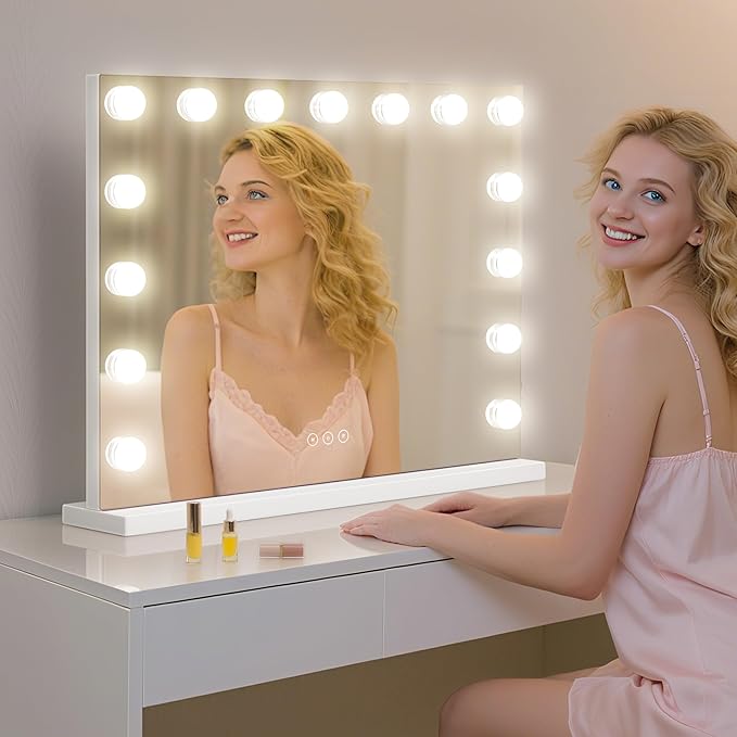 Vanity Mirror with Lights Lighted Makeup Mirror with 15 Dimmable LED Bulbs,3 Color Lighting Modes,USB Charging Port Touch Control,Sturdy Metal Frame Design,White