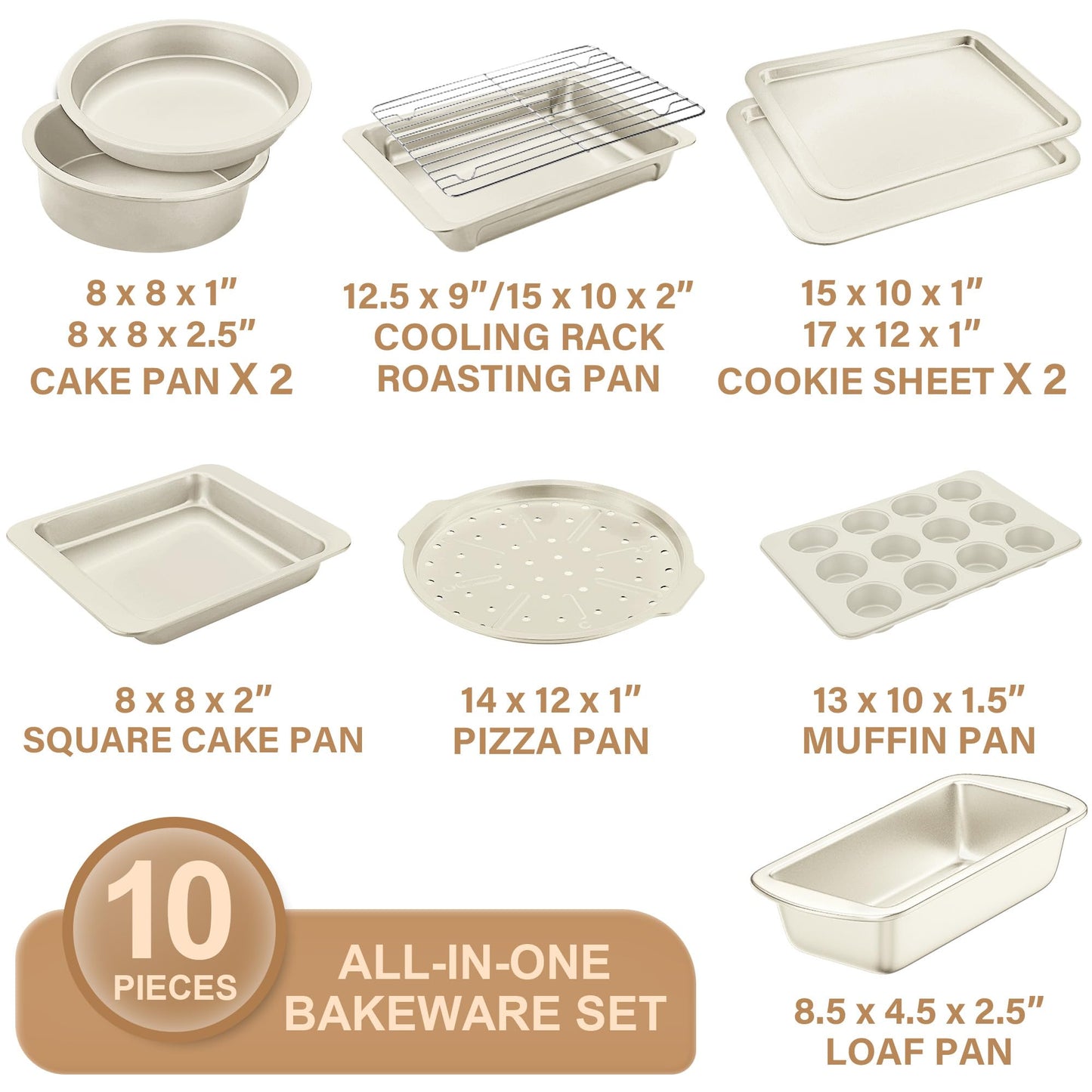 HONGBAKE Bakeware Sets, Baking Pans Set, Nonstick Oven Pan for Kitchen with Wider Grips, 10-Piece Including Rack, Cookie Sheet, Cake Pans, Loaf Pan, Muffin Pan, Pizza Pan -Cream