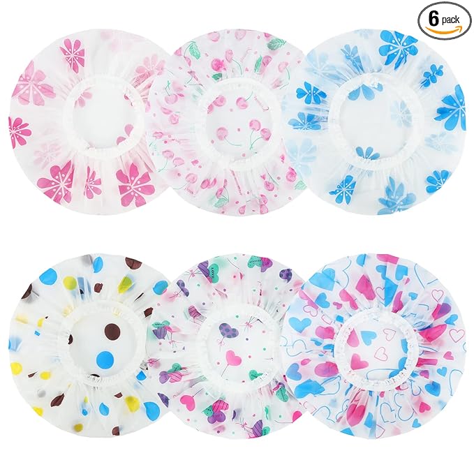 6 Pcs Shower Caps, Waterproof Bath Caps Plastic Reusable Shower Caps Elastic Band Bath Hair Caps for Women Kids