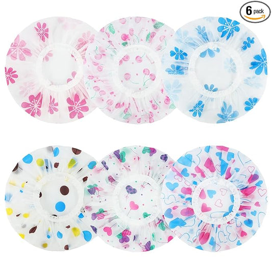 6 Pcs Shower Caps, Waterproof Bath Caps Plastic Reusable Shower Caps Elastic Band Bath Hair Caps for Women Kids