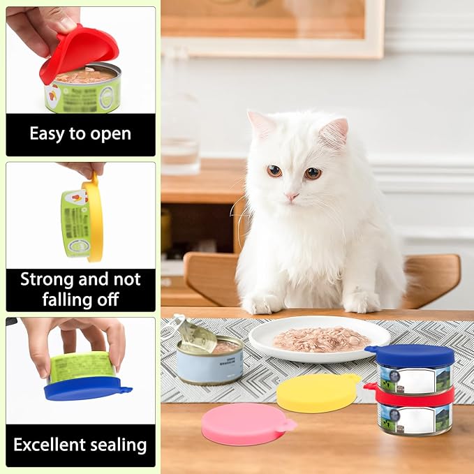 PINE & LINEN 4 Pcs 2.5inch Durable Pet Can Lids, Silicone Small Pet Can Covers Waterproof Cat Food Cans Lids for 3 oz Cat Food Cans（Yellow+Red+Pink+Blue）
