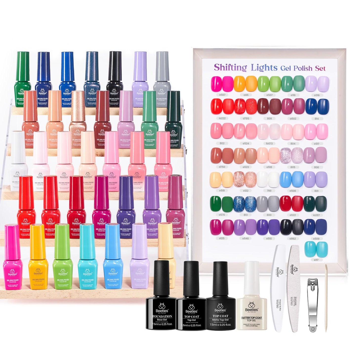 beetles Gel Polish Shifting Lights - Gel Nail Polish Set Brown Burgundy Red Black White Green Purple Glitter 36 Colors with Base Coat Glossy Matte Glitter Top Coat UV LED Soak Off Gift for Women