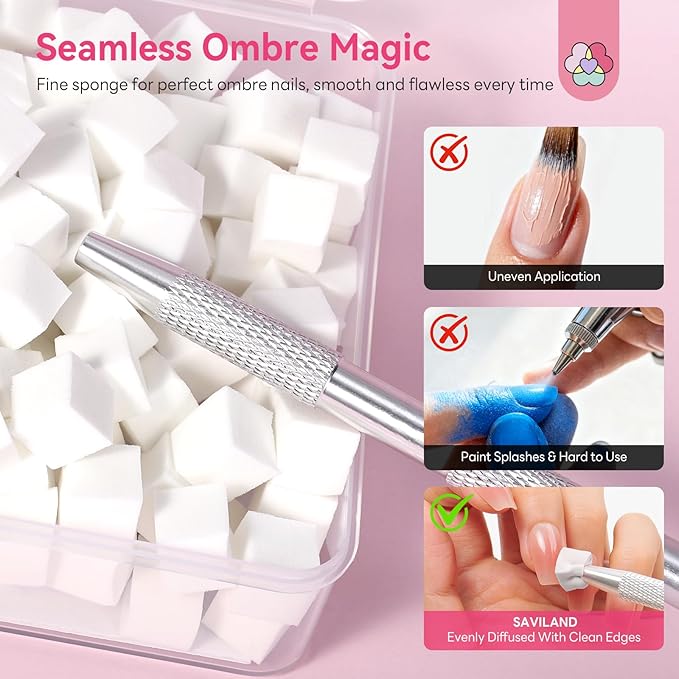 SAVILAND 200PCS Nail Sponges for Ombre: Soft Nail Art Sponges With Grabbing Pen Ombre Sponge French Tip Tool Professional Nail Art Kit Accessories Supplies for Aura Gradient Blooming Nails