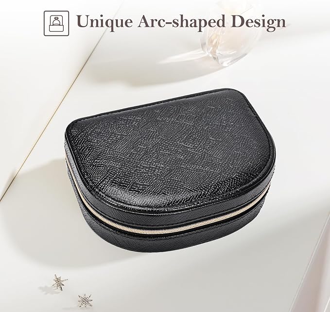 ProCase Travel Size Jewelry Box, Medium Portable Seashell-Shaped Jewelry Case, 2 Layer Mini Jewelry Organizer in PU Leather for Women -Glossy Black