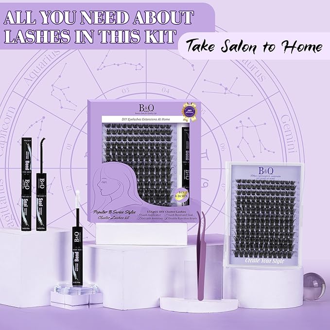 B&Q Wispy Lash Clusters Kit B19, DIY Lash Extension Kit 156PCS Eyelash Extension Kit, Soft Natural Lash Clusters 8-18MIX D Curl Lash cluster, Thin Black Band Cluster Eyelash Extensions (B19 Set)