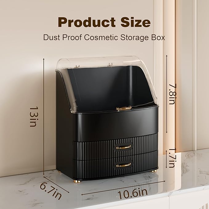 Makeup Organizer Countertop Vanity with Transparent Lid Drawers Waterproof Dustproof Cosmetic Skincare Bathroom Storage Gift for Women Teens Girls (Black)