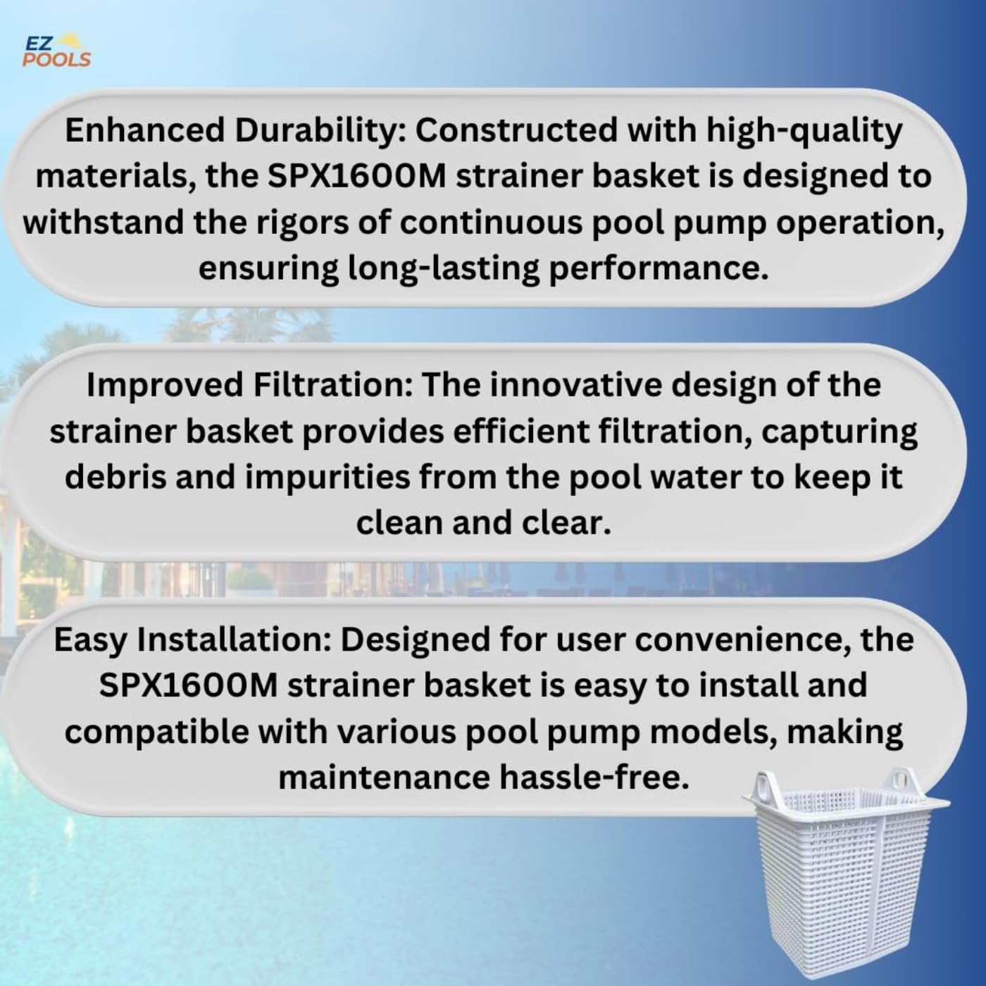 EZ POOLS Reinforced-Duty Pump Basket – 4X Stronger Mold Than OEM, Fits Hayward Super Pump (SPX1600M)