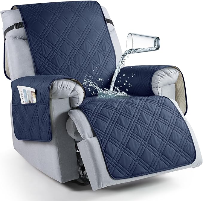 TAOCOCO 100% Waterproof Recliner Chair Covers, Non Slip Recliner Covers for Recliner Chair with Pocket, Washable Reclining Chair Cover Furniture Protector for Kids,Dogs(25'', Navy Blue)