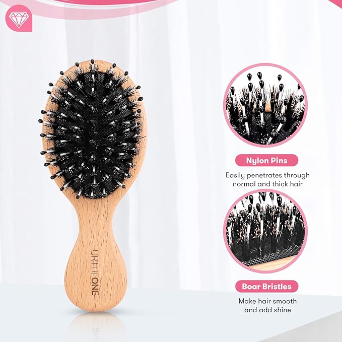 2Pcs Hair Brush Mini Boar Bristle Hairbrush for Thick Curly Thin Long Short Wet or Dry Hair Detangle Massage Add Shine, Pocket Travel Small Paddle Hair Brush for Men Women Kids