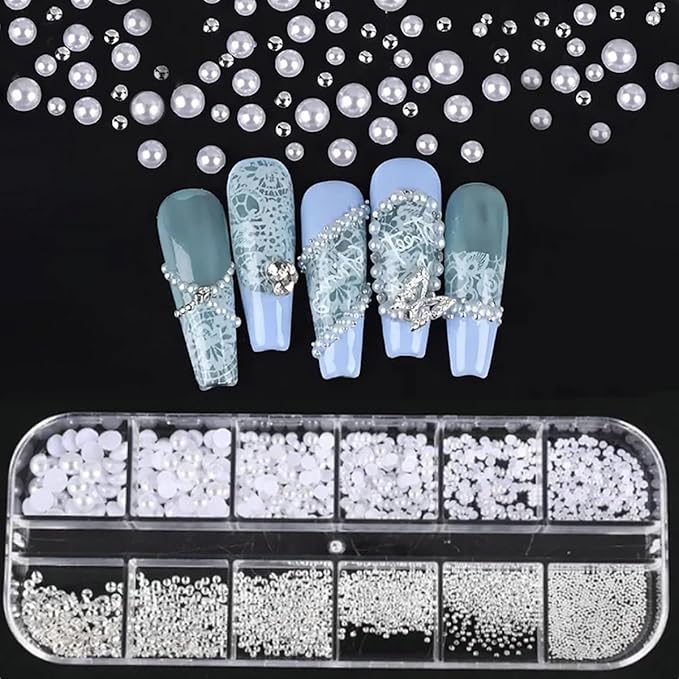 12Grids 3D Mixed White Pearls Nail Charms 0.15-0.5mm Semicircle Pearl Beads Nails Art Decorations White Nail Pearls for DIY Tool Nail Studs Accessories Pearl Nail Charms Mini Small Nail Beads (White)