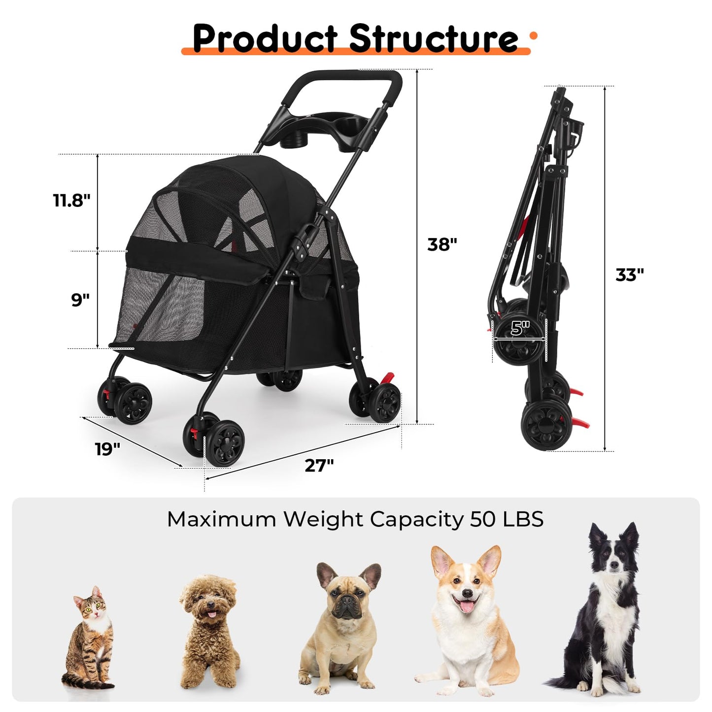 Foldable Pet Stroller for Small/Medium Pets up to 22 lbs - Lightweight 4-Wheel Design with Sun Canopy, Storage Bag & Breathable Mesh（Black