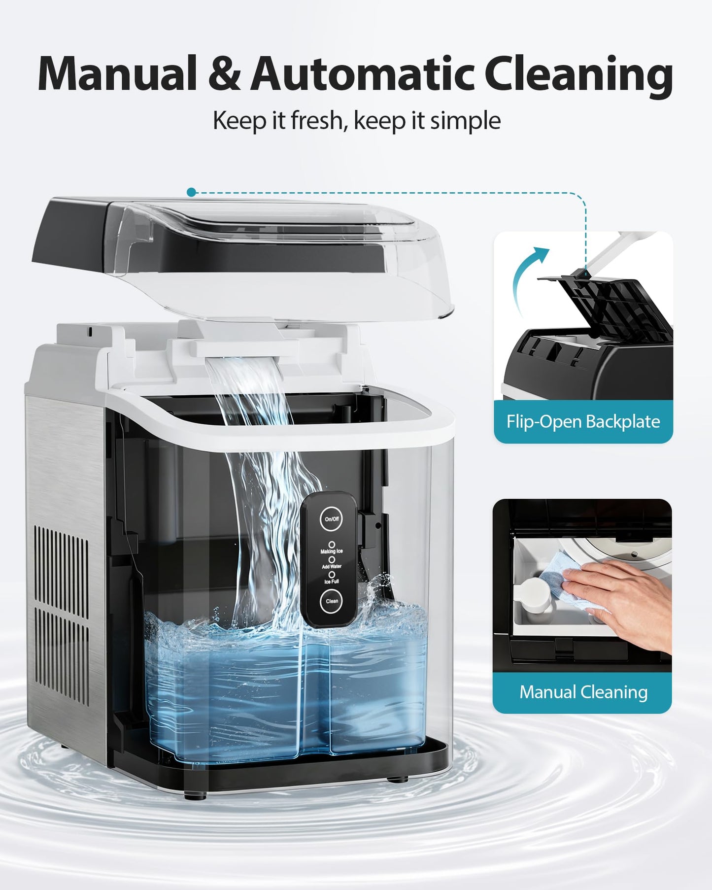 Aeitto Nugget Ice Maker Countertop, 42lbs/24H Ice Machine with 1.5L Water Tank, Rapid Ice Release in 6 Mins, Self-Cleaning Pebble Ice Maker with Basket and Scoop for Home Office RV and Party, Silver