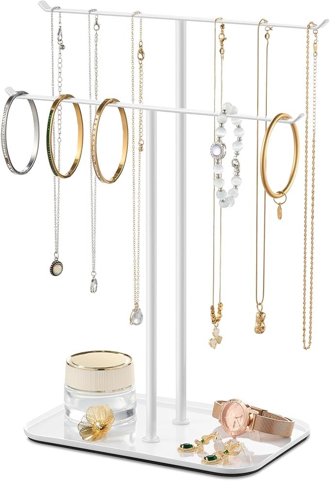pickpiff Necklace Holder Jewelry Organizer Stand Ã¢ÂÂ 2Ã¢ÂÂTier TÃ¢ÂÂBar Jewelry Display Tree with Tray for Countertop Necklace Bracelet Earring Storage, Vanity Dresser Bathroom Sink, White