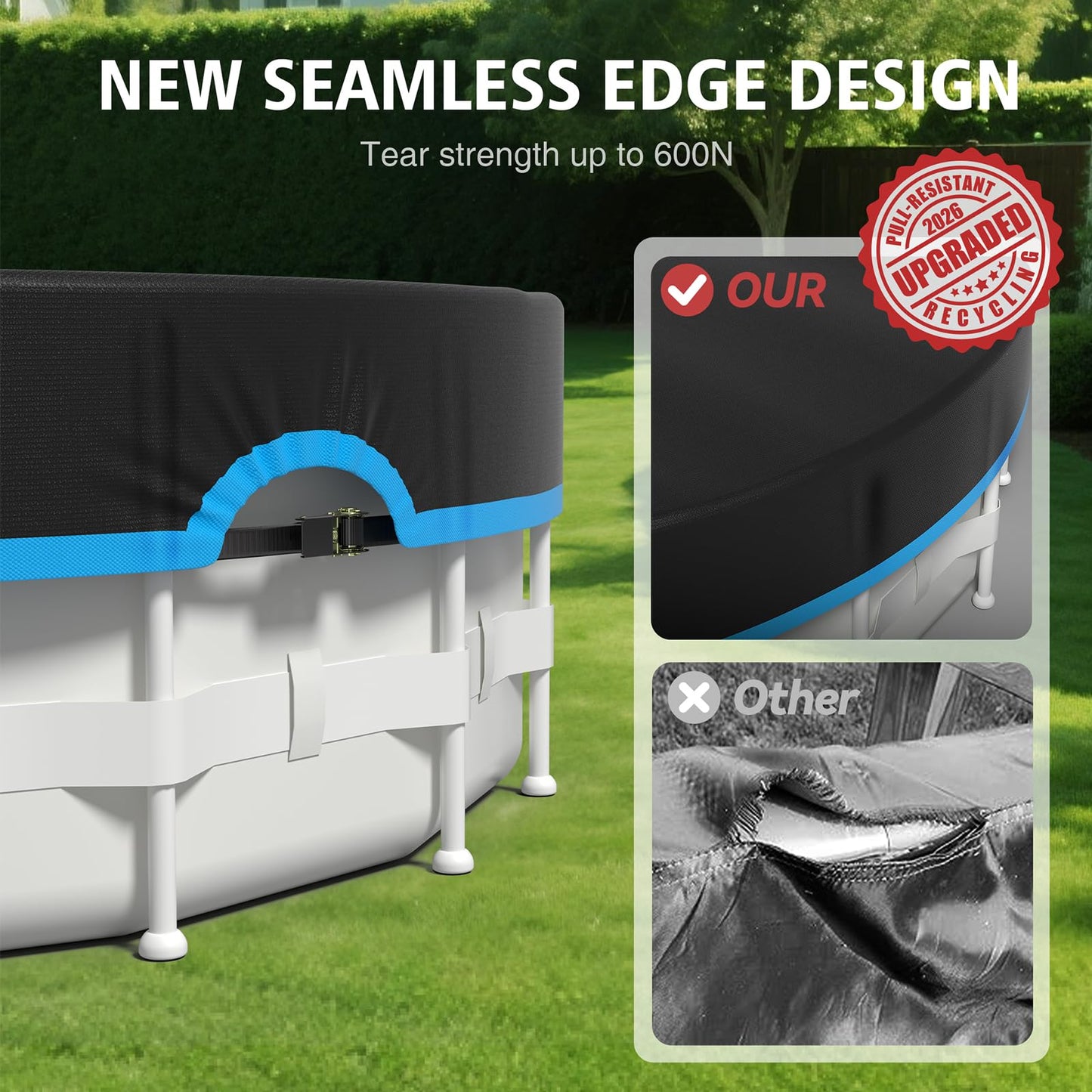 AGROAIDE 10ft Pool Cover, 420D Oxford Fabric for Above Ground Pool with Ratchet Tie Downs - All Season Use, Tear Resistant, UV & Dust Proof