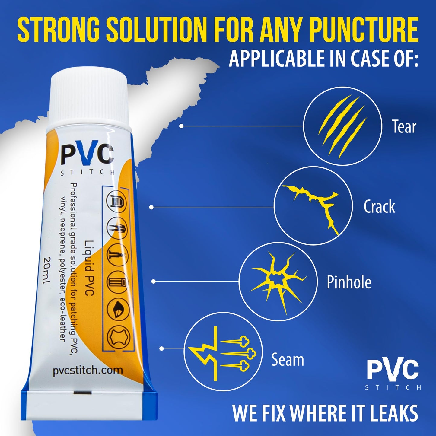 PVC Stitch Liquid Patch – Air Mattress Patch Kit Heavy Duty, Inflatable Patch Glue for PVC & PU, Inflatable Boats, Rafts, Kayaks, SUP, Hot Tubs, Waterbeds, Bounce Houses. Waterproof, 3-hr Cure, 20 ml