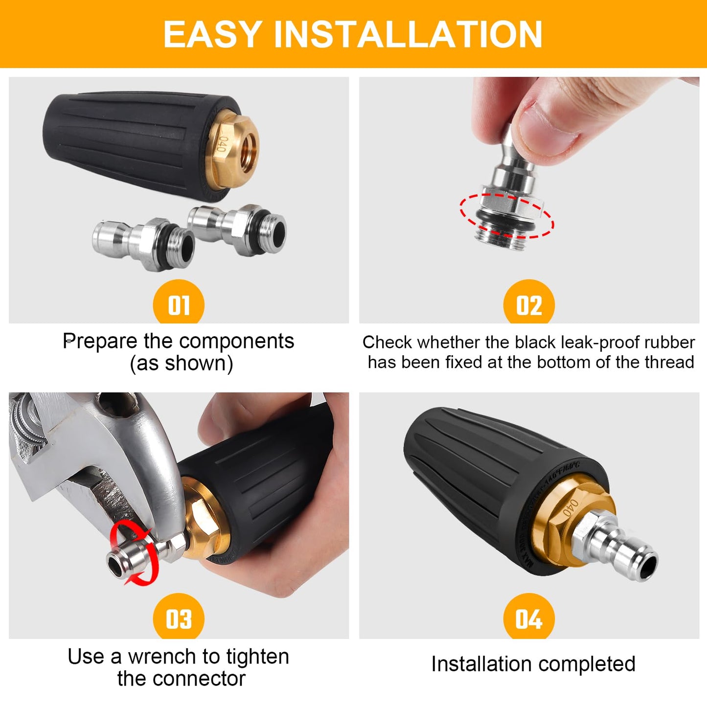 Pressure Washer Turbo Tip Max 4000PSI Turbo Nozzle Kit 360° Rotating Presure Washer Turbo Nozzles 1/4'' Quick Connect with 5 Nozzle Tips Kit Multiple Degrees(0, 15, 25, 40,Soap) 4.0 GPM 4.0 Orifice