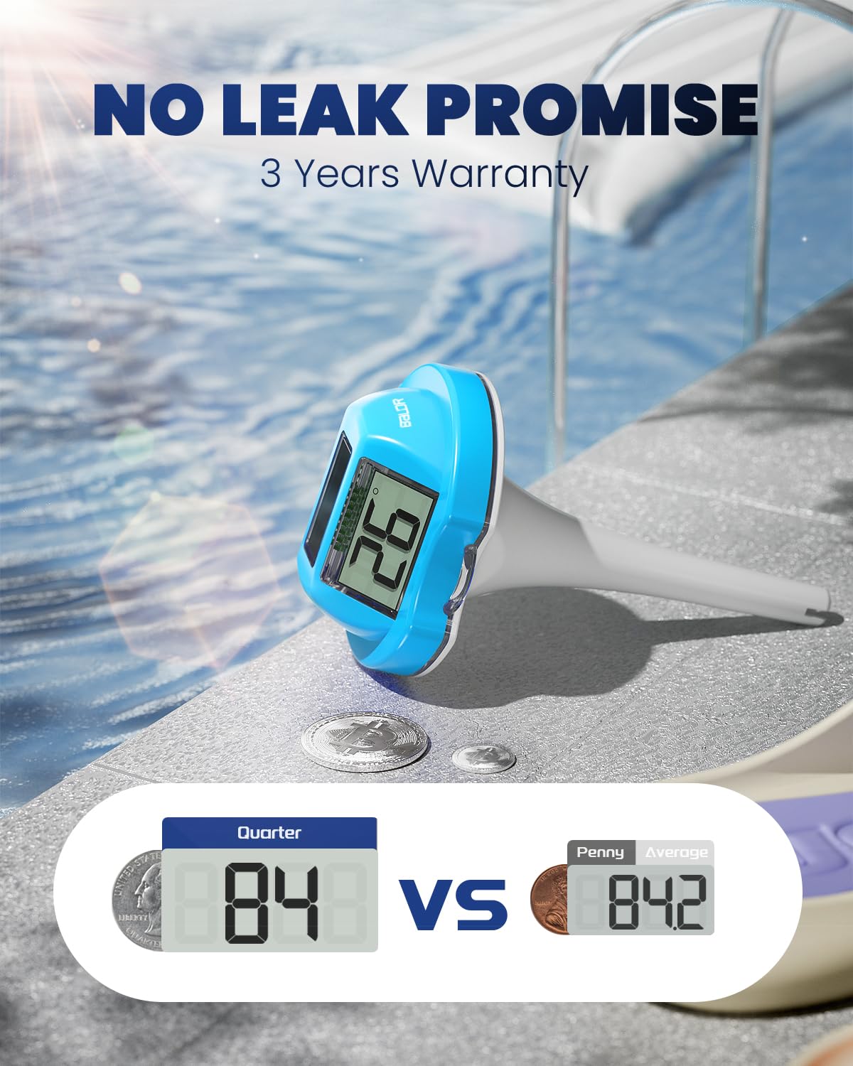 BALDR Pool Thermometer Floating Easy Read, Solar Digital Pool Thermometer with Dual Large Screens, IPX7 Water Temperature Gauge for Inground Above Ground Pools & Spas (Light Blue)