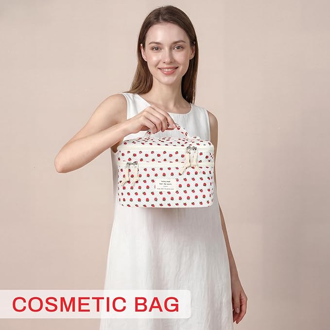 Makeup Bag, Portable Travel Make up Bag, Large Capacity Quilted Cosmetic Organizer Bag, Cute Floral Toiletry Bag for Women Girls (Strawberry)