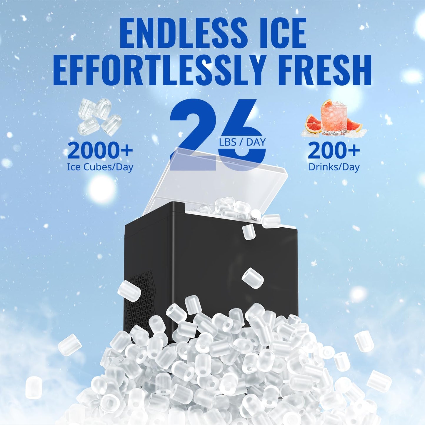WETIE Ice Maker Countertop, 9 Bullet Ice Cubes in 6 Minutes, 26lbs/24Hrs with 2 Sizes, Portable Ice Machine with Basket, Scoop and Ice Pack, Compact ice Maker for Home, Kitchen, Camping, Party