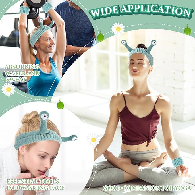 Spa Headband Face Wash Wristband Set Makeup Head Band Snail Coral Fleece Hair Band Skincare Hairband Elastic Creative Cartoon Head Wraps Cute Hair Accessories for Women Girls (Green)