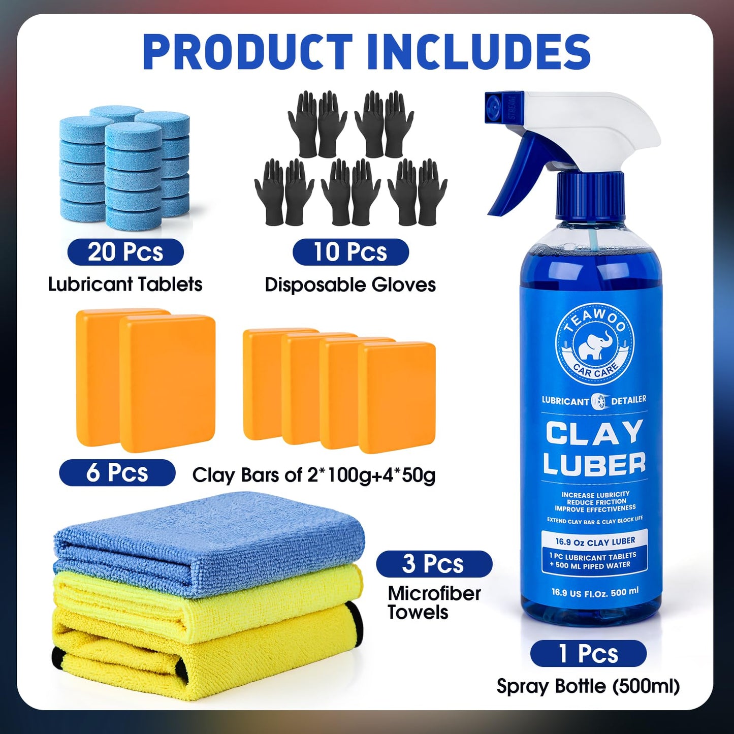 TEAWOO Clay Bars Kit, 6 Clay Bars & 20 PCS Lubricant Tablets, Complete Car Detailing Kit, Spray Bottle, Disposable Gloves and Microfiber Towels for Car Detailing Cleaning