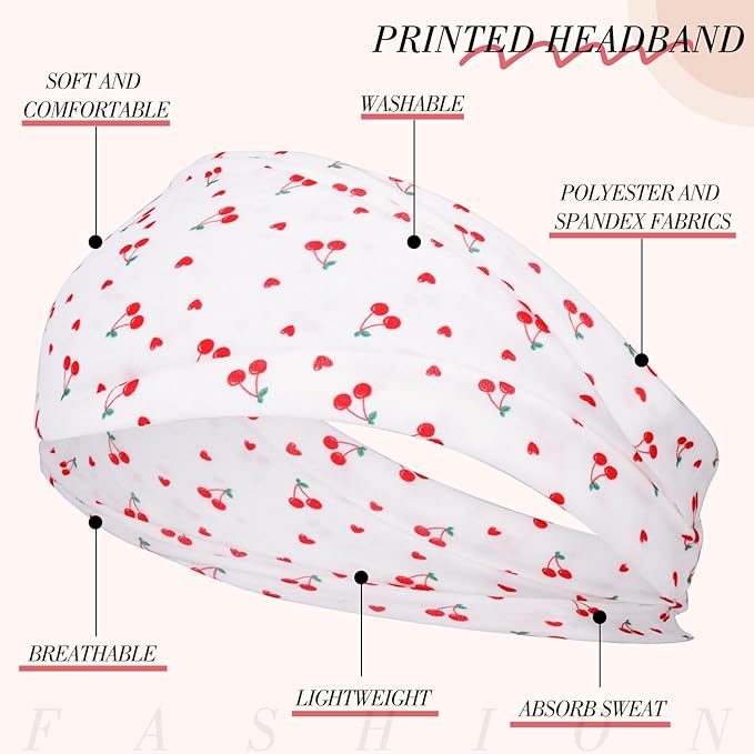 obeoby 8 Pack Cherry Headbands for Spring Summer Outfits, Non Slip Fashion Floral Headbands for Women Girls