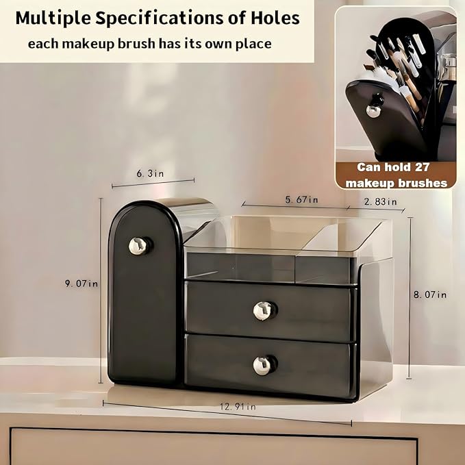 Makeup Organizer for Vanity with Covered Brush HolderÃ¯Â¼ÂBathroom Organizers with DrawerÃ¯Â¼ÂSkin Care OrganizerÃ¯Â¼ÂMakeup Organizers for Vanity with DrawerÃ¯Â¼ÂLarge Makeup Storage for Dresser, Black
