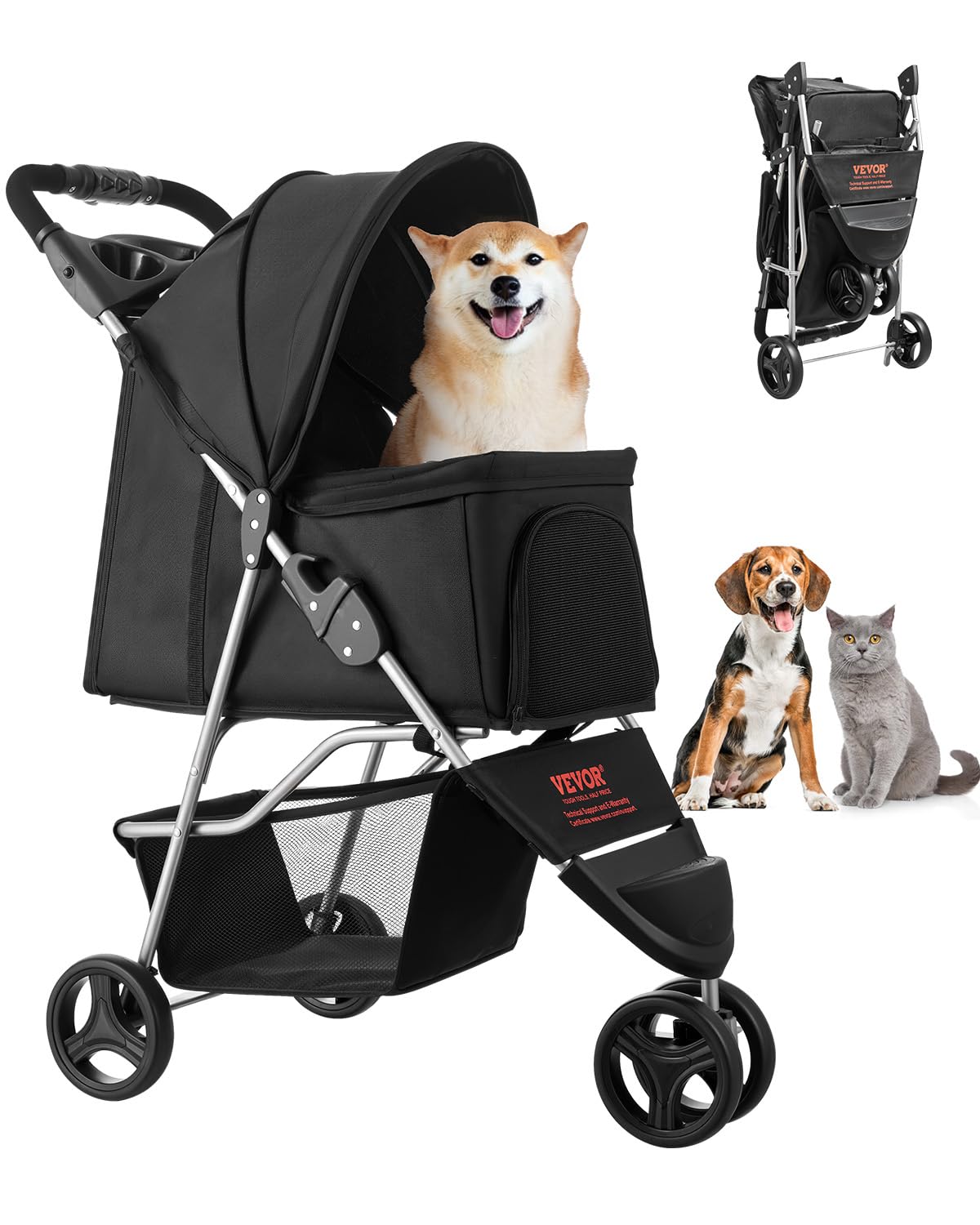 VEVOR Pet Stroller, 35 lbs Weight Capacity, Foldable Dog Cart, 3 Wheels Cats Carts with Mesh Windows and Cup Holders, Portable Pet Carrier Stroller with Brake, for Small to Medium Pets