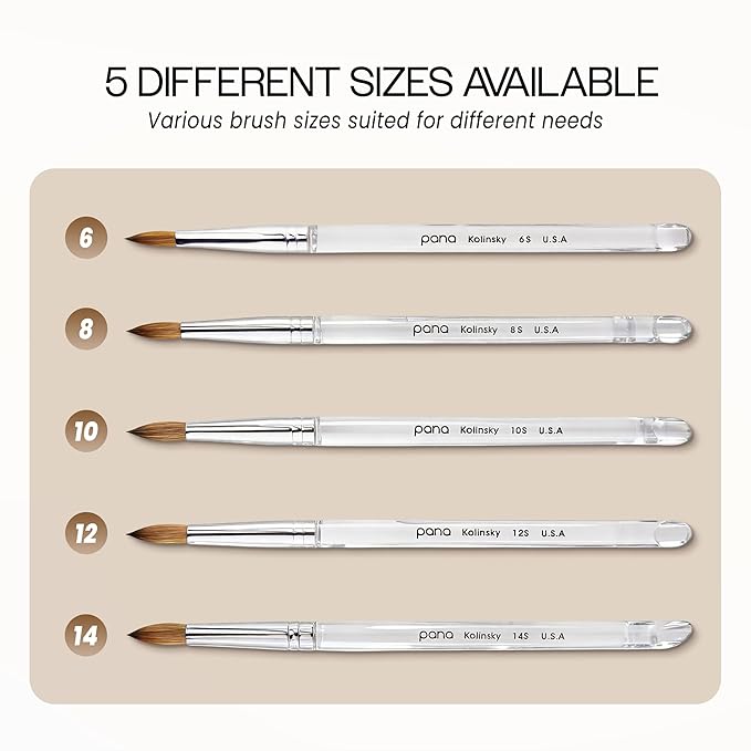 PANA Pure Kolinsky Hair Nail Brush - Round Clear Acrylic Handle (Size 10) - Nail Brush for Nail Application, Nail Extension, Manicure Pedicure Salon Beginner and Professional