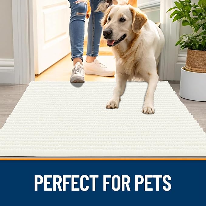 OLANLY Dog Door Mat for Muddy Paws 44x24, Ultra Absorbent Chenille Mud Doormat, Non-Slip Washable and Dirt Trapping Doormat for Indoor Entryway, Quick-Dry Indoor Pet Bed Mats for Dogs, Ivory