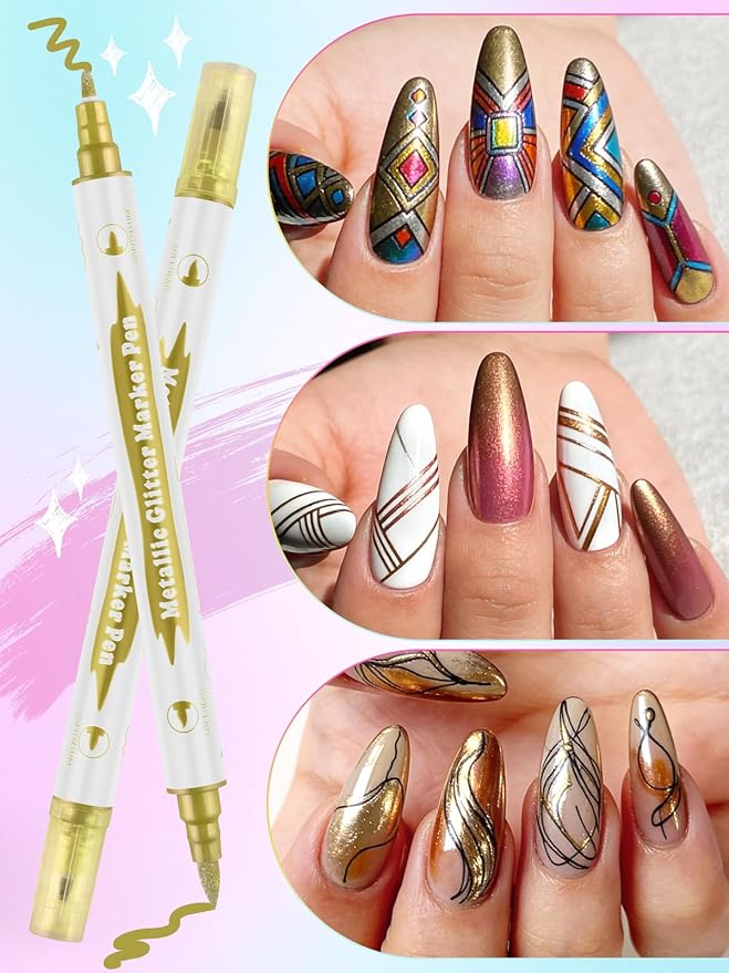 10 Color Metal Giltter 3D Nail Art Pens Set, Kalolary Double-ended Nail Point Dotting Pen Drawing Painting Liner Brush for DIY Nail Art Beauty Adorn Manicure Tools(G)