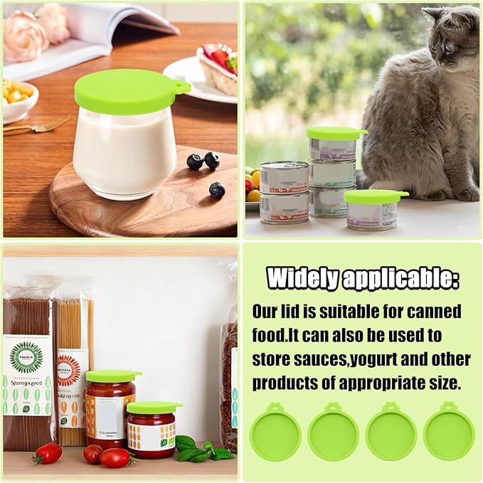 PINE & LINEN 4 Pcs 2.5inch Durable Pet Can Lids,Silicone Small Pet Can Covers Waterproof Cat Food Cans Lids for 3 oz Cat Food Cans（Green）