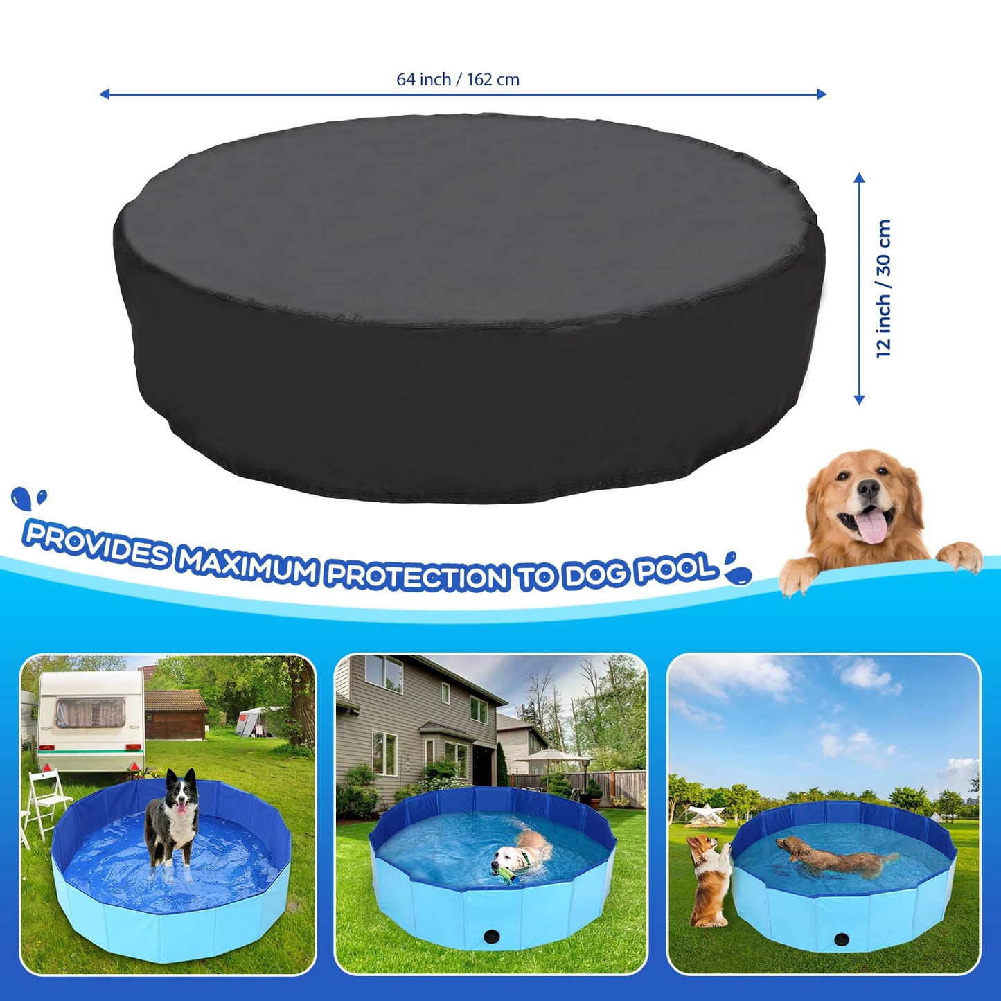 Tufmunb 63-64 inch Foldable Dog Pet Bath Pool Cover, Portable Round Collapsible Pool Cover with Oxford Cloth Material and Drawstring Design for Dog Pet Pool, Waterproof and Dustproof (Black)