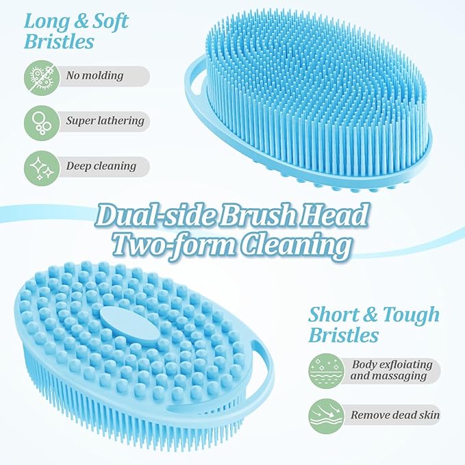 Silicone Back/Body/Face Scrubber & Soft Bath Glove Set 4PCS, Gentle Exfoliating Back & Body Scrubber with Dual-Side Brush Head, Hand-fit Bath Glove & Face Scrubber for Deep Cleaning(Blue-4PC)