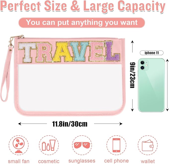 Chenille Letter Clear Travel Bags Purse Pouch, Monogram PVC & PU Clear Zipper Pouch with Wristlet, Waterproof Portable Glitter Snacks Makeup Beach Pouch Toiletry Bag for Women Girls (TRAVEL-Beige)