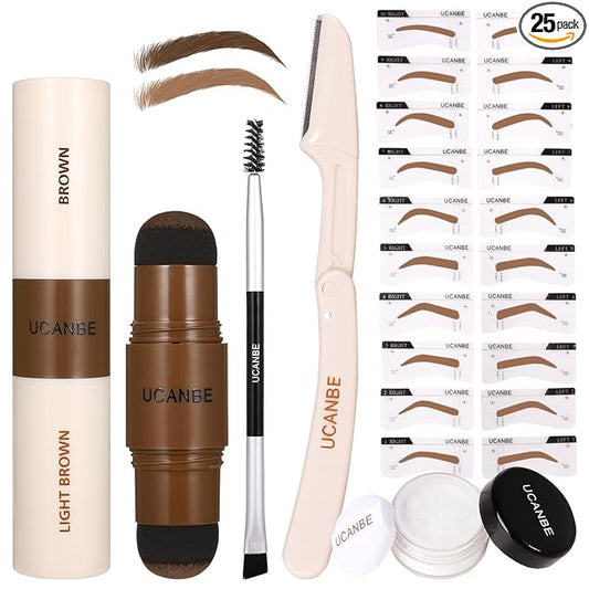 UCANBE 25PCS Eyebrow Stamp Stencil Kit With Dual-Color Eyebrow Stamp Pomade,20 Reusable Eyebrow Stencils,Finising Powder,Brush,Eyebrow Razor,Zipper Pouch,Waterproof Eye Brow Stamping and Shaping Kit02