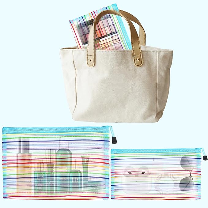 Mesh Bags with Zipper (6 Pack), Nylon Makeup Bag Cosmetic Pouches Travel Organizer Case for Purse Diaper Bag Home Organizing Striped Multi Size Blue