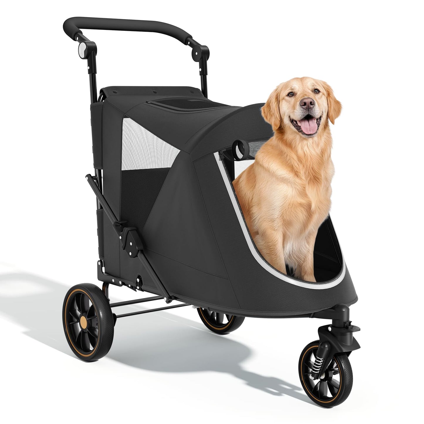 Magshion Pet Stroller for Medium Dogs w/Adjustable Handle, 3-Wheel Dog Cat Wagon w/Dual Entry, Rear Storage, Breathable Mesh, One-Foot Brake, Ideal for Large Pets up to 55 lbs, Black