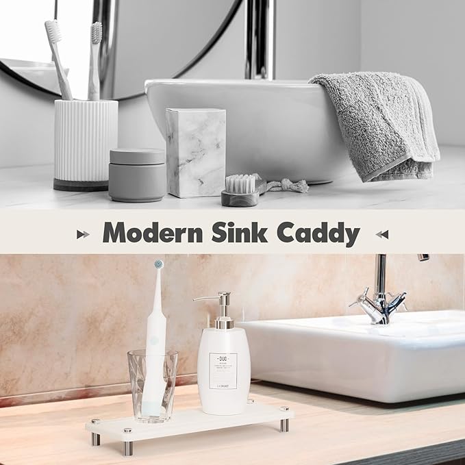 Kitchen Sink Caddy Water Absorbing Stone Tray For Sink, Diatomite Bathroom Countertop Tray Organizer, Faucet Stone Drying Mat Coaster Soap Dish Sponge Dispenser Holder (White)
