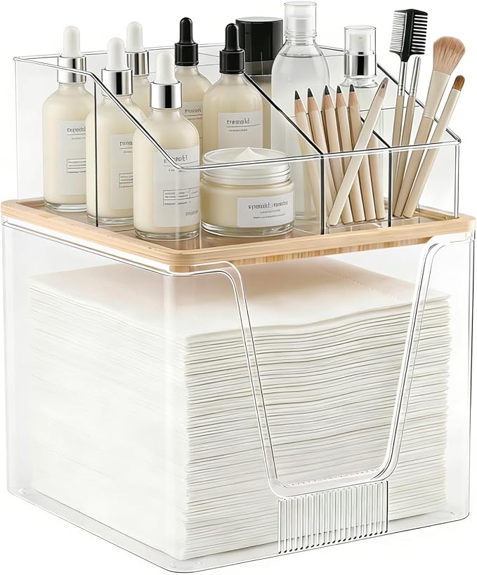 2 in 1 Disposable Facial Towel Holder and Cosmetic Organizer, Clear Storage with Bamboo Lid Compatible with Clean Skin Club Towel XL, Stackable Vanity Organizer for Bathroom Vanity Counter (1 Pack)